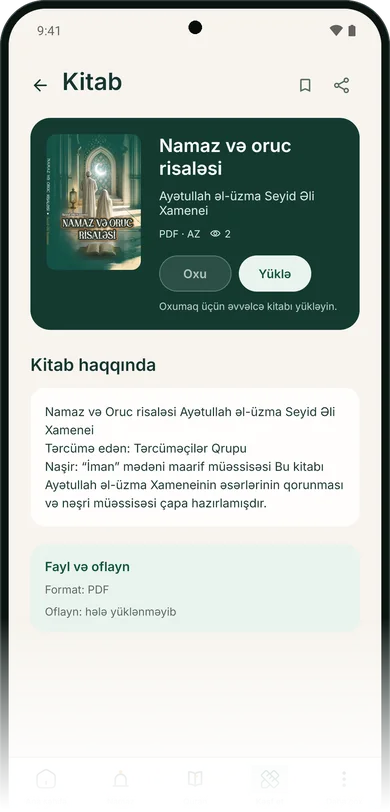 Kitabxana: kitabın səhifəsi, oxu və yüklə düymələri