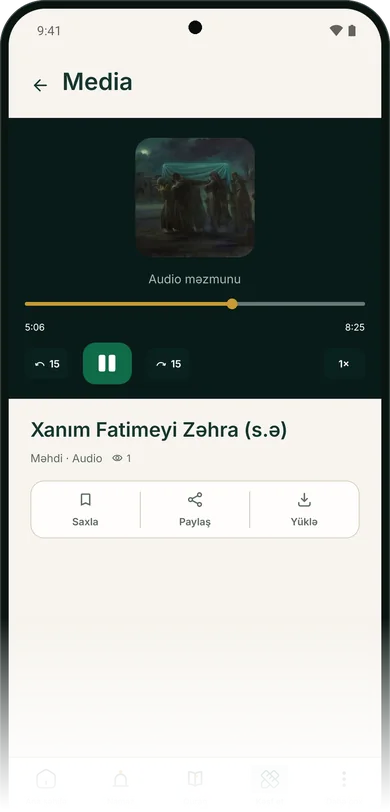 Audio oxuducu: örtük şəkli, müddət, irəliləyiş xətti və geri-irəli düymələri