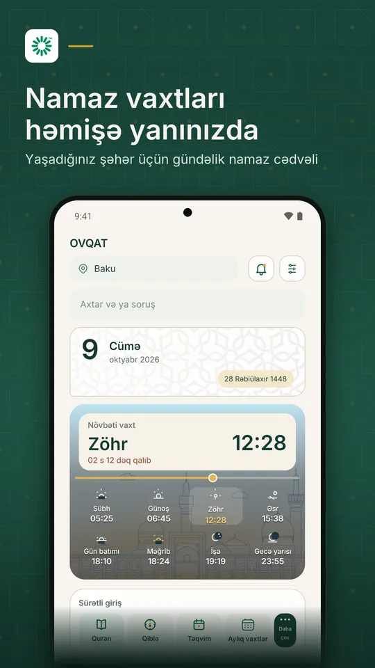 Ovqat ana səhifəsi: növbəti namaz vaxtı və günün cədvəli