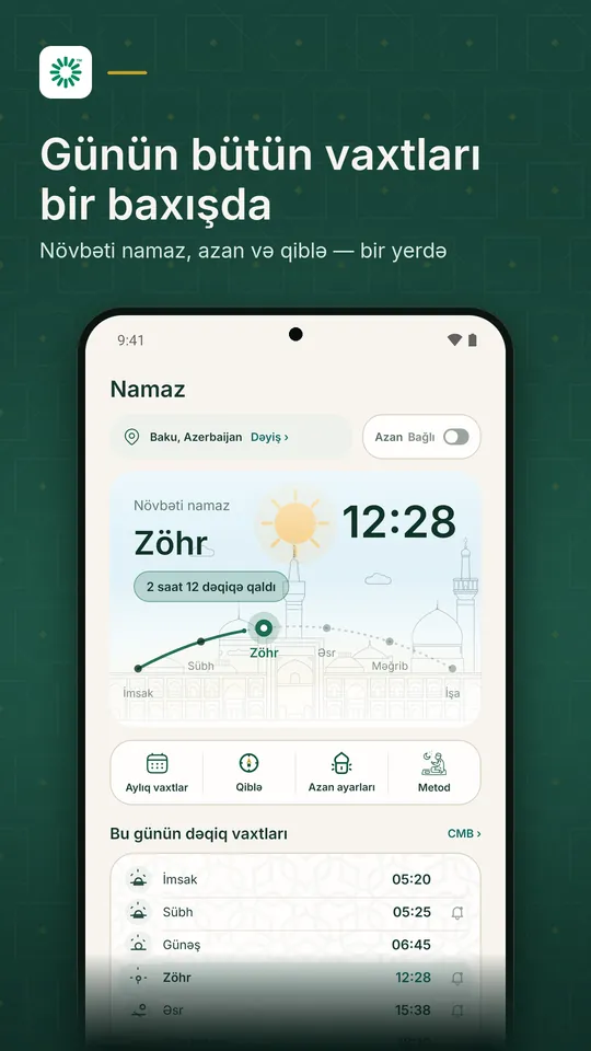 Namaz ekranı: günün bütün vaxtları, qiblə və azan ayarları