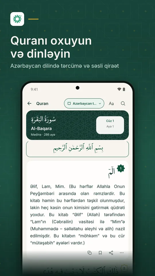 Quran oxuyucusu: ərəb mətni, Azərbaycan dilində tərcümə və səsli qiraət