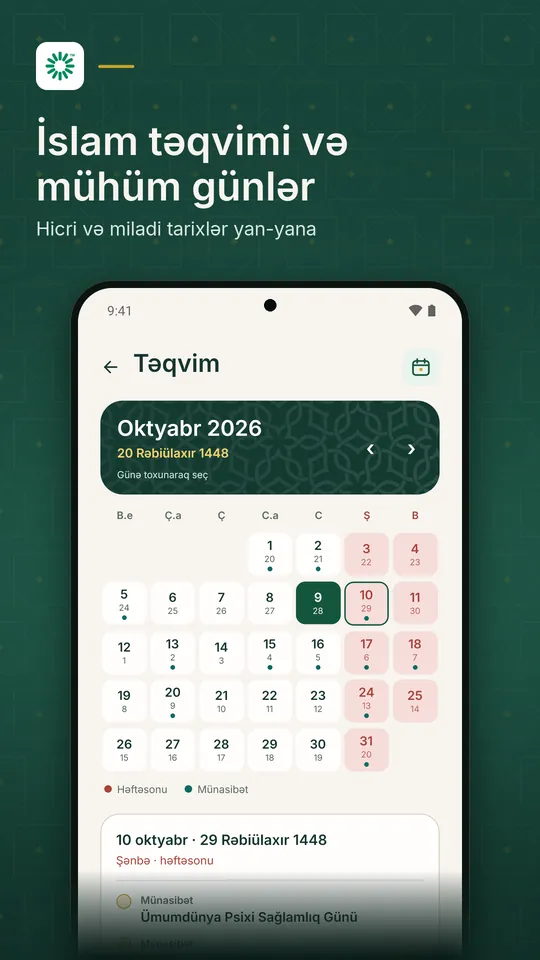 Təqvim: hicri və miladi tarixlər və günün münasibətləri