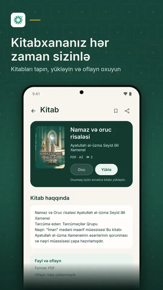 Kitabxana: kitabın səhifəsi, oxu və yüklə düymələri