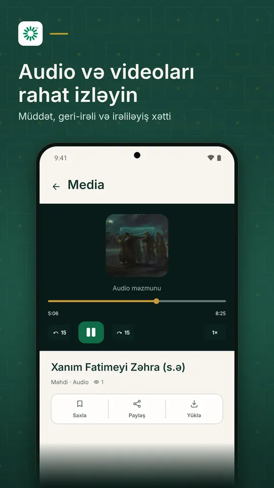 Audio oxuducu: örtük şəkli, müddət, irəliləyiş xətti və geri-irəli düymələri