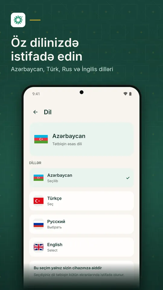 Dil seçimi: Azərbaycan, Türk, Rus və İngilis